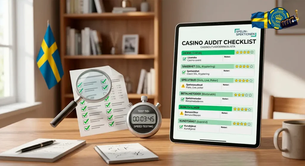Casino evaluation process showing audit checklist with green checkmarks and a 3D magnifying glass.