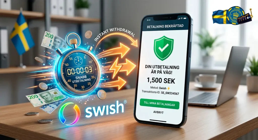 Fast withdrawal process at a Swedish casino featuring an instant payout stopwatch and Swish cues.