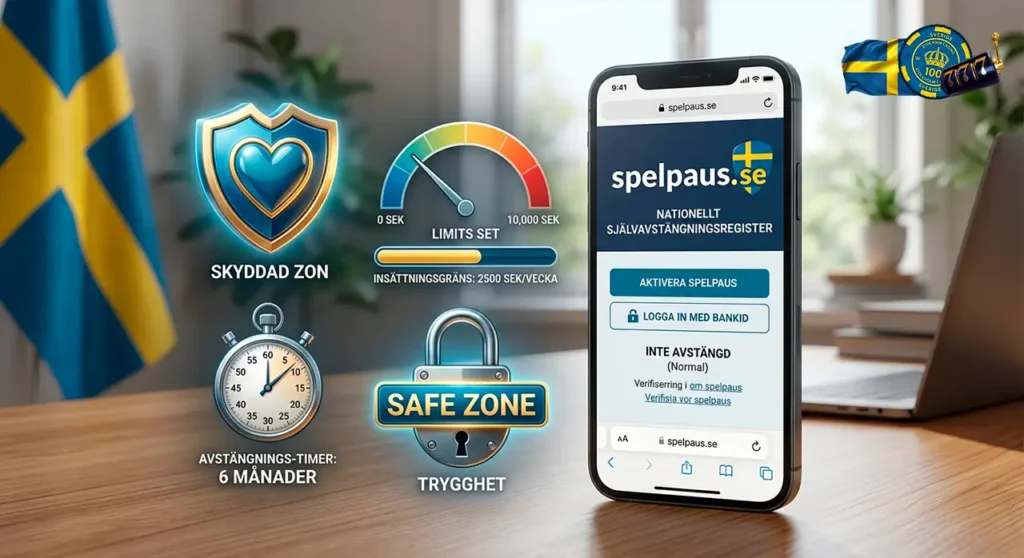 Responsible gambling tools showing Spelpaus self-exclusion integration and deposit controls.